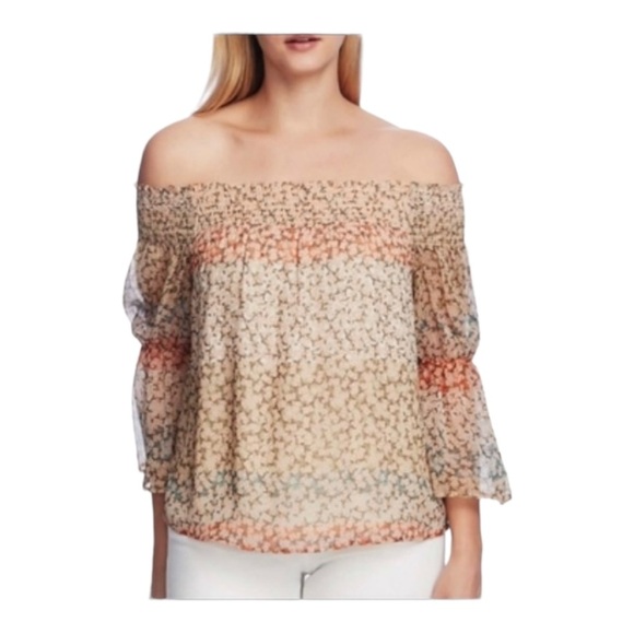 Vince Camuto womens off shoulder smocked blouse floral size large. Bell sleeves - Picture 1 of 10
